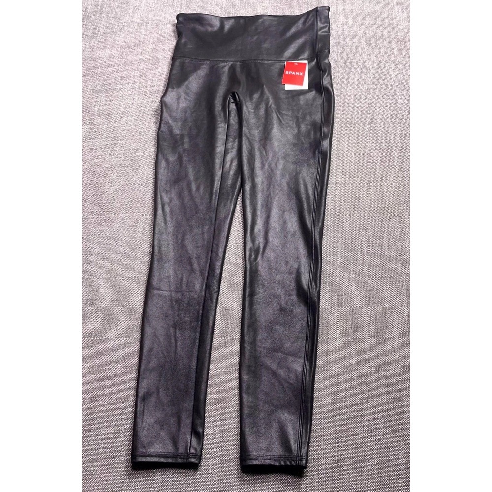 Spanx Faux Leather Leggings Womens Large Black Tummy Control Contoured Power